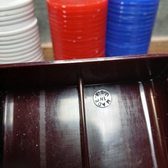 Vtg Tower Poker Chips/ Roulette Chips w/Maroon Diamond Lid Storage Box [Set #10] - Picture 3 of 10